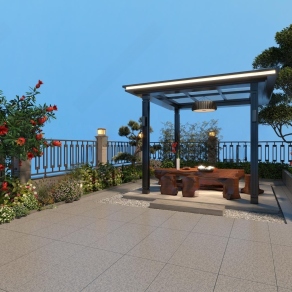 中式屋顶花园3D模型下载